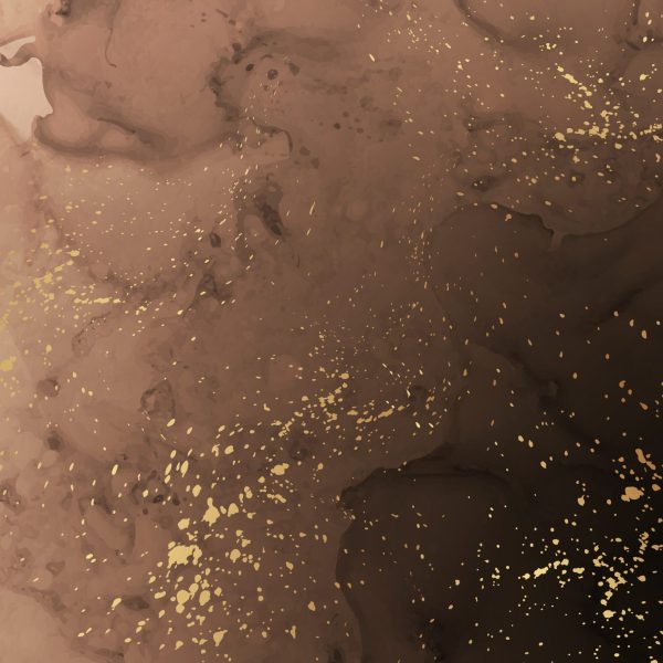 Modern watercolor background or elegant card design or wallpaper or poster with abstract black and brown ink waves and golden splashes.